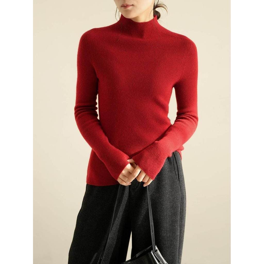 Ano novo vermelho sem costura de uma peça 26 fio duplo senhoras caxemira completa meia gola alta camisola fundo de malha