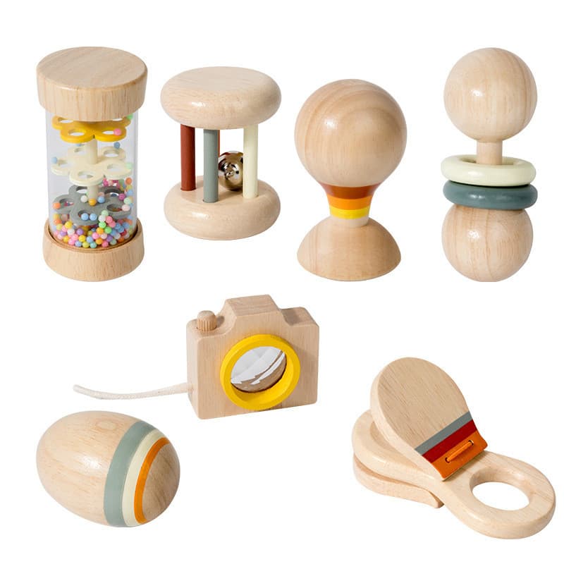 Conjunto Sensorial 7 Em 1 De Brinquedos Para Bebês De Madeira Montessori 0 A 12 Meses , Tubo De Som De Chuva E Rolo De C