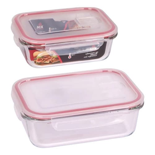 Kit 2 Potes Vidro Herméticos Retangular 370ml Vermelho Transparente 4 Travas