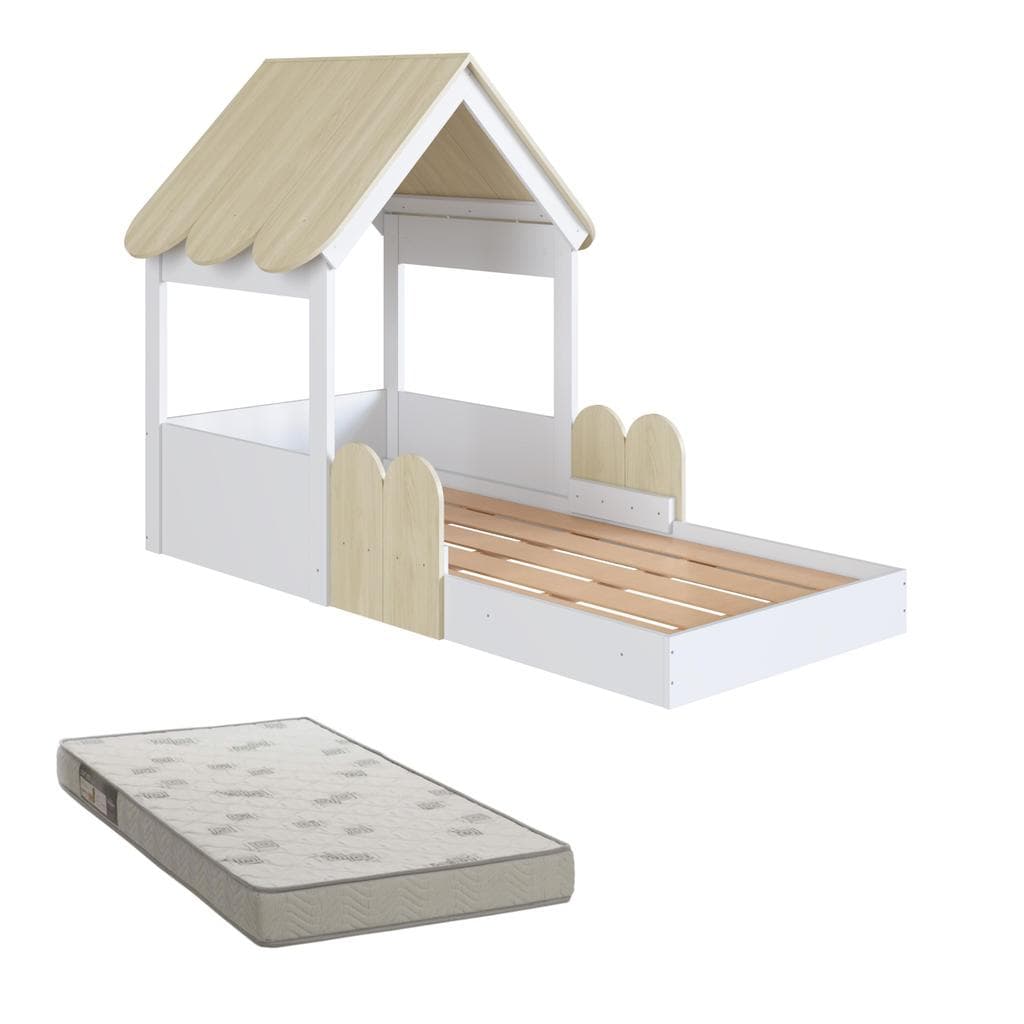 Cama Infantil Casinha Montessori com Colchão Telhado e Proteção Lateral Solteiro 188x78 em MDP