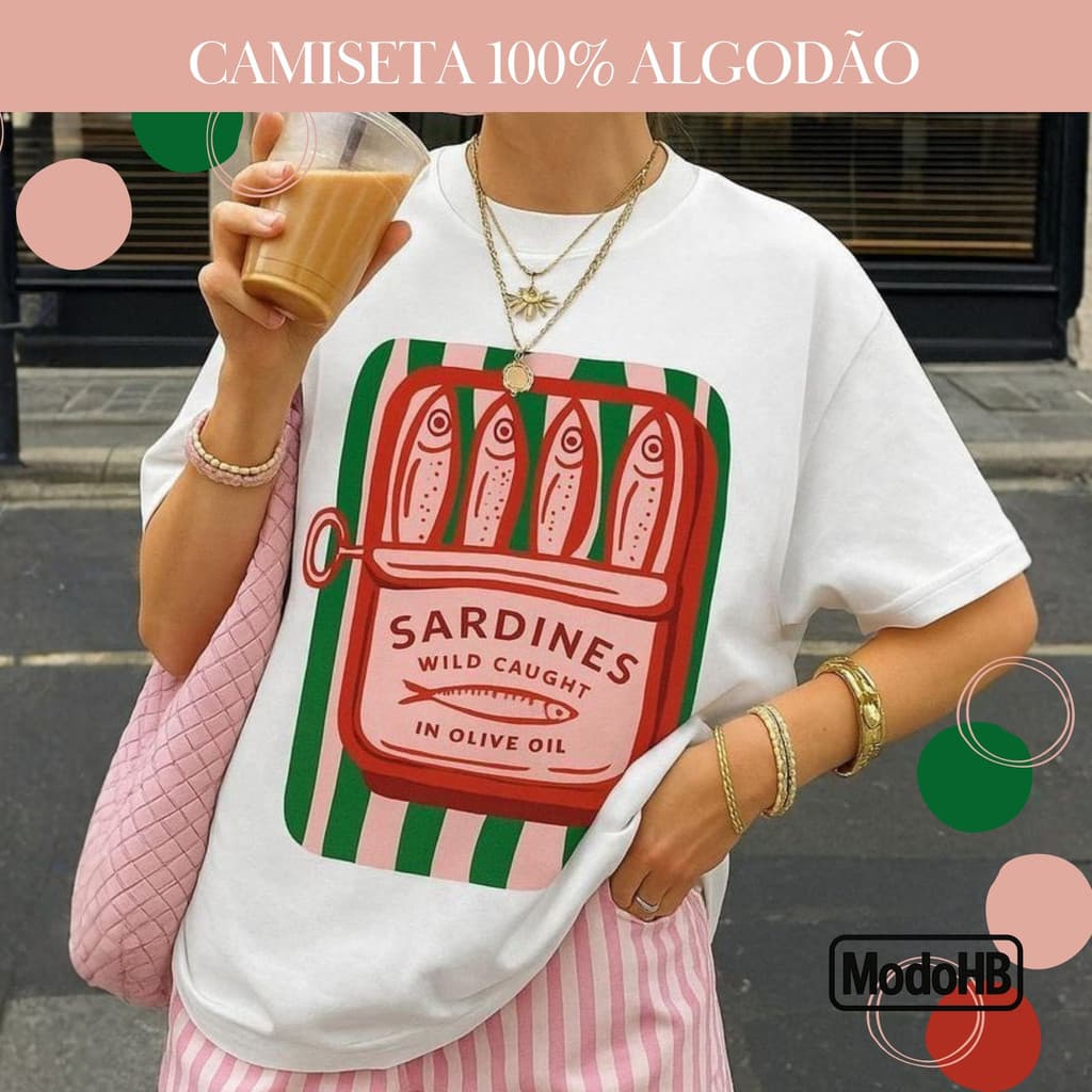 Camiseta Básica Feminina Lata Sardinha Blusa T-Shirt Gola Redonda 100% Algodão Tendência