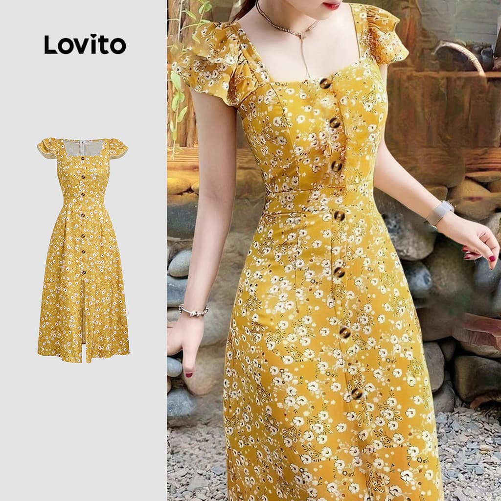 Lovito Férias Vestido de Vestido Amarelo com Babados Botões Primavera/verão para mulheres L154LD348