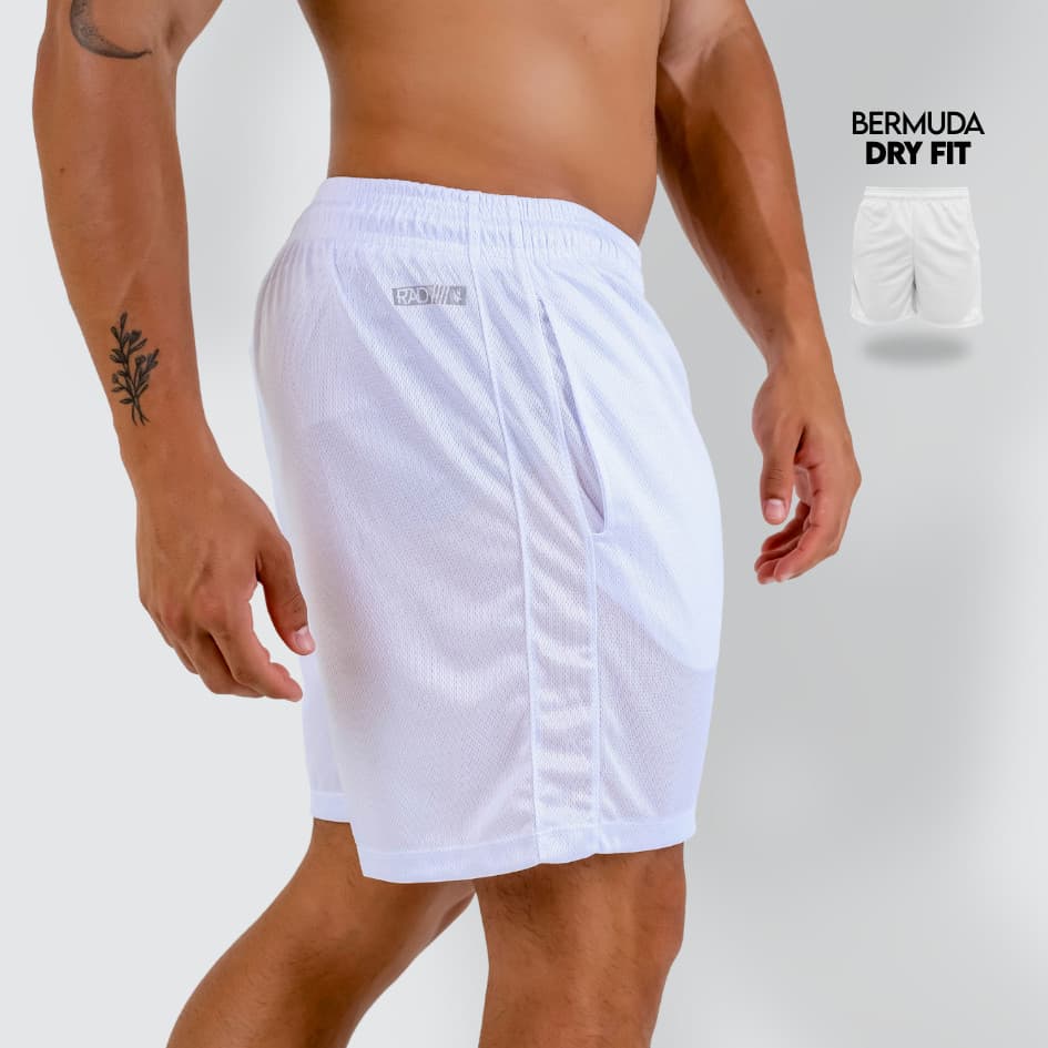 Calção Esportivo Treino Dry Fit Tecido Respirável Elástico Bermuda Branca Academia Cross Fitness Bolsos