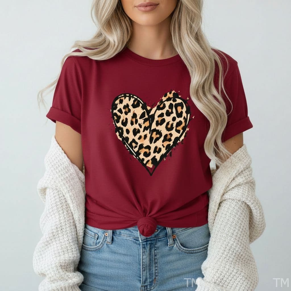 Camiseta Feminina Moderna Casual Coração Onça T-shirt Gola Redonda Algodão Para Mulher