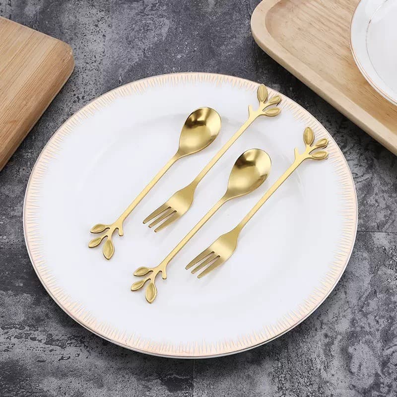 Kit Garfo / Colher Dourados com Design de Folhas Utensílios de Sobremesa e Café Elegantes