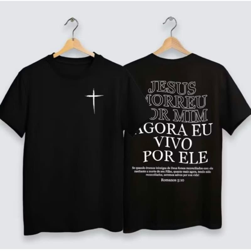 Camiseta Infantil e Juvenil Personalizada Unissex Gospel "Agora eu vivo por ele" Igreja Jesus Versiculo Frente e Costa