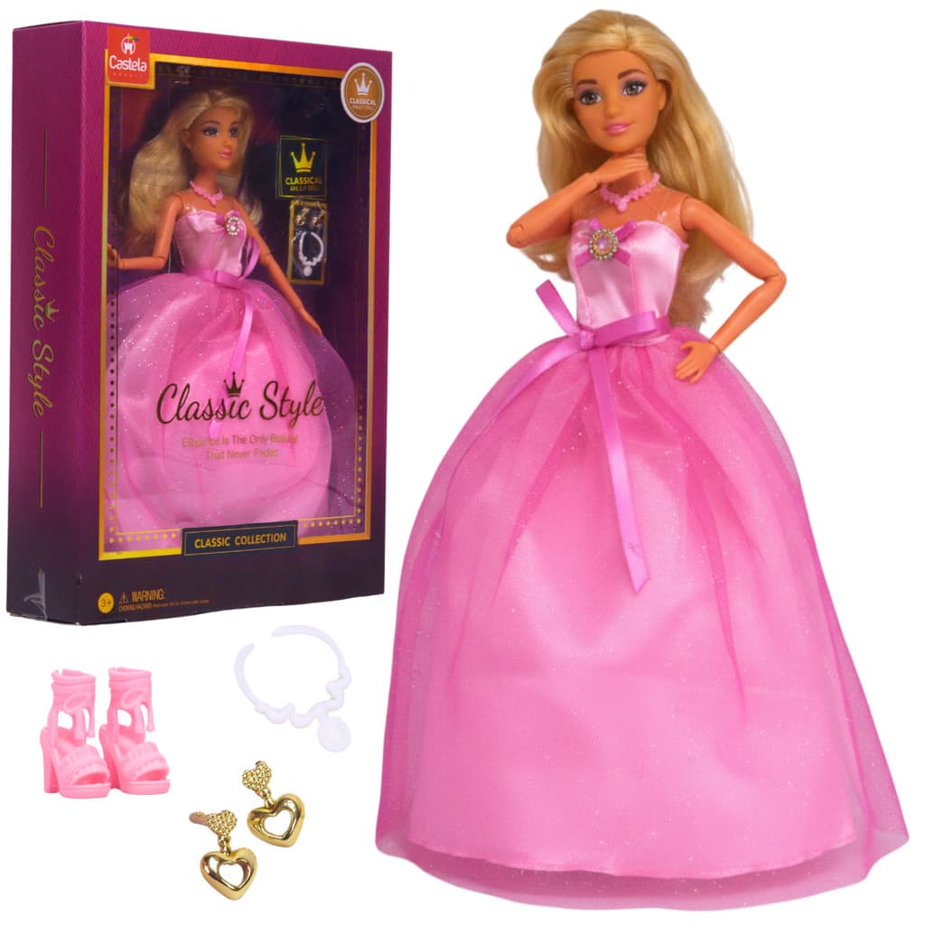 Boneca Princesa Fashion Vestido Rosa Style Acessórios Castela