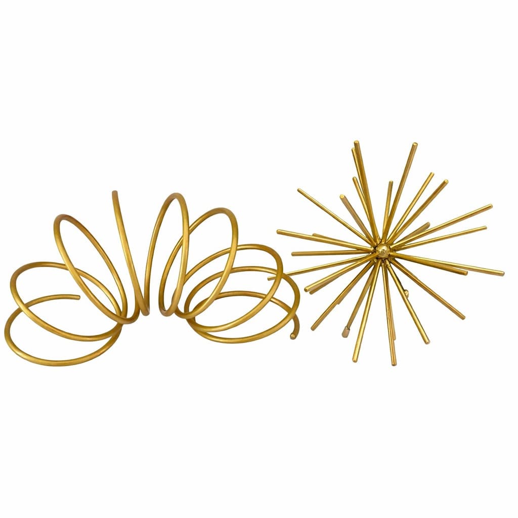 Kit Escultura Decorativa Mola + Ouriço Dourado Luxo Moderno Minimalista Sala Estante Escritório