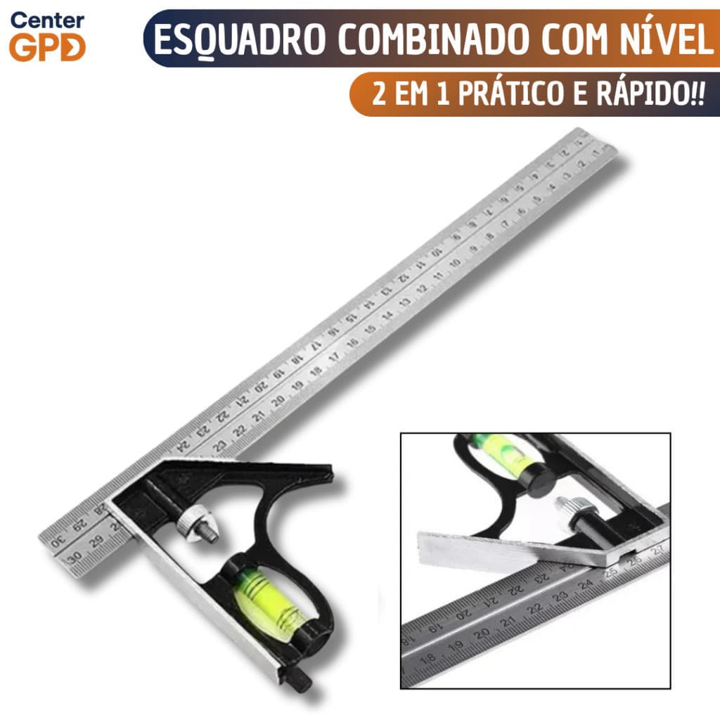 Esquadro Combinado Inox C/Nivel Regua 30cm 12 Polegadas Régua De Cotovelo Profissional
