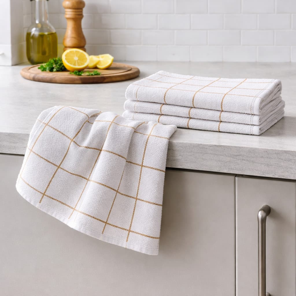 Toalha de Louça Pano de Prato Xadrez Gold Branco 100% Algodão Atoalhado Alta Absorção Cozinha