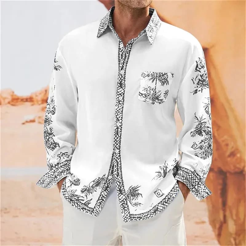 Camisa masculina casual versátil de outono, estilo streetwear, com gola de lapela, de manga longa e fechamento simples.