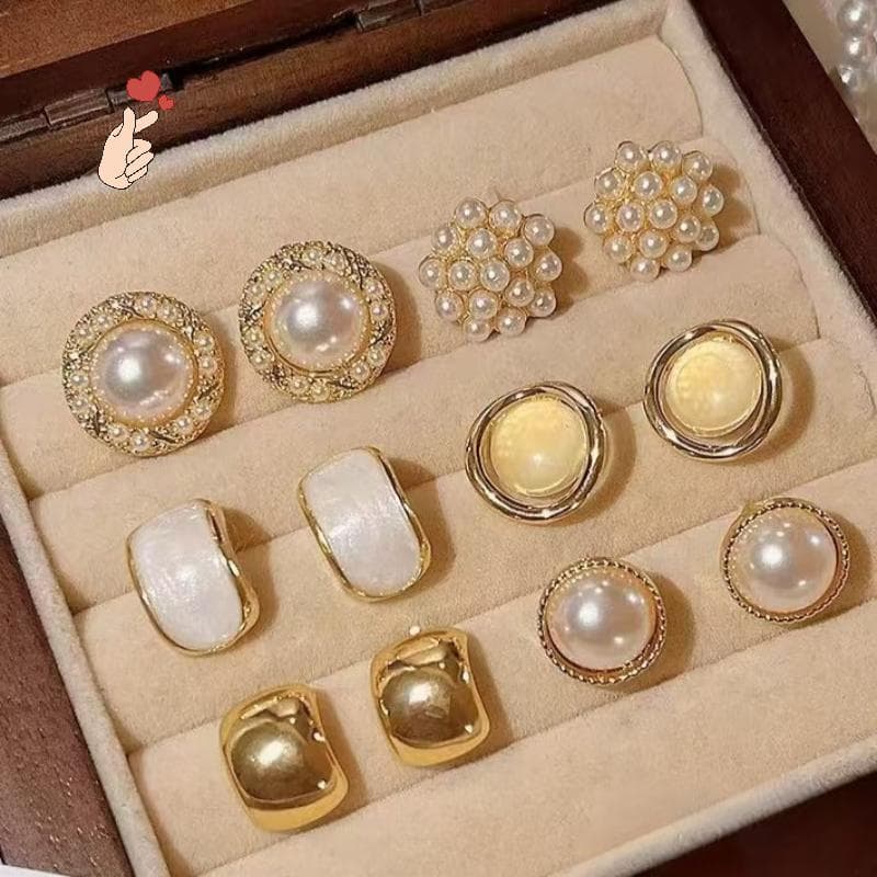 [PEBR] 6 Pares/set Elegante Temperamento Imitação De Pérola Brincos Quadrados Redondos Mulheres Desgaste Diário Acessóri