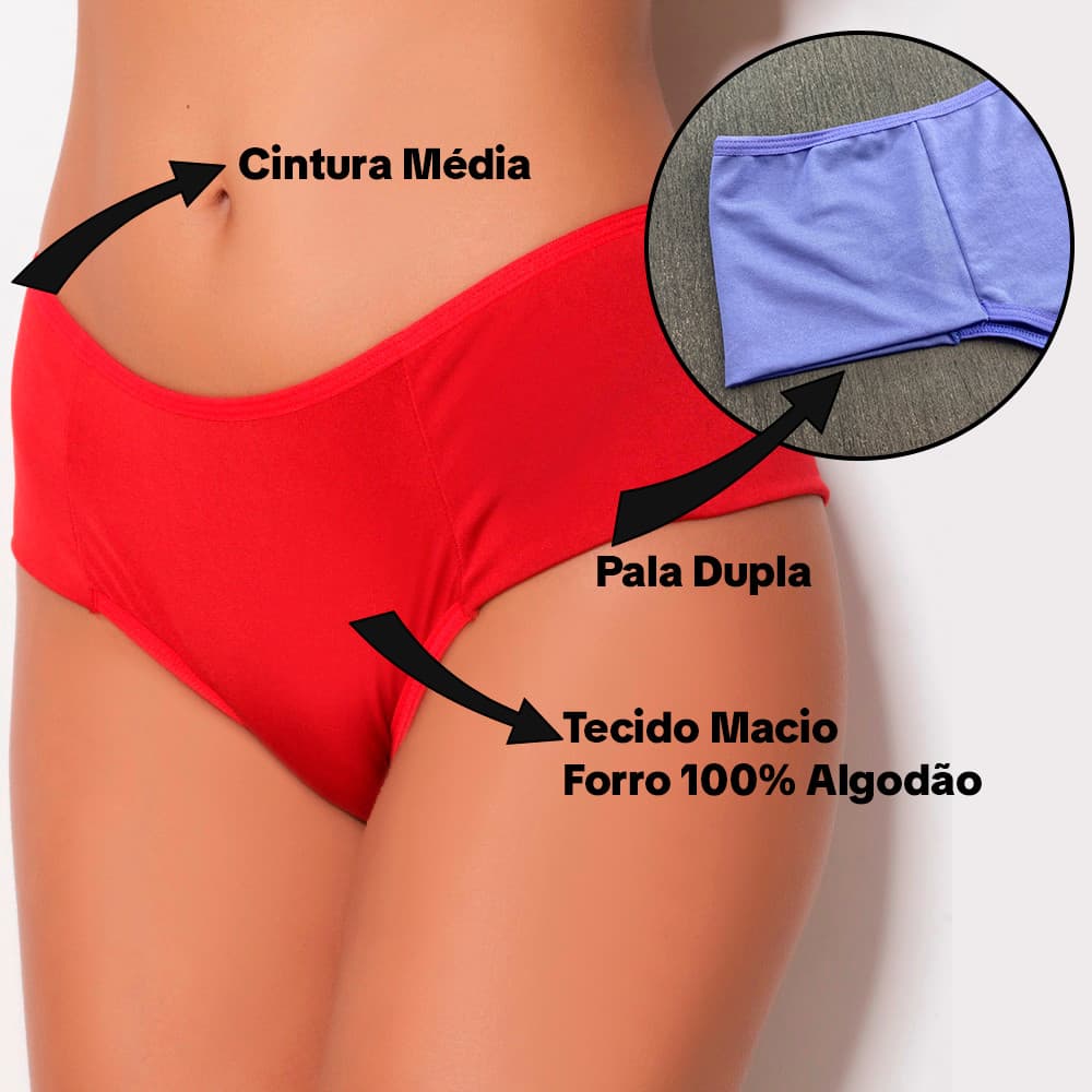 Kit 5 Calcinhas Pala Dupla Cintura Média em Microfibra Laterais Largas Confortável Dia a Dia