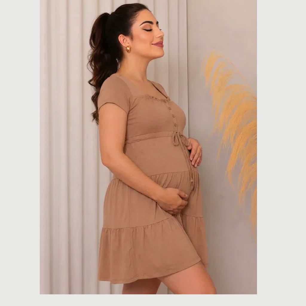 Vestido Curto Gestante Botões Amamentação Lactante Pós-Parto Maternidade