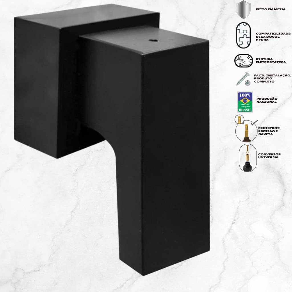 Acabamento chuveiro metal preto Quadrado 1" Base Universal Deca/Docol registro gaveta