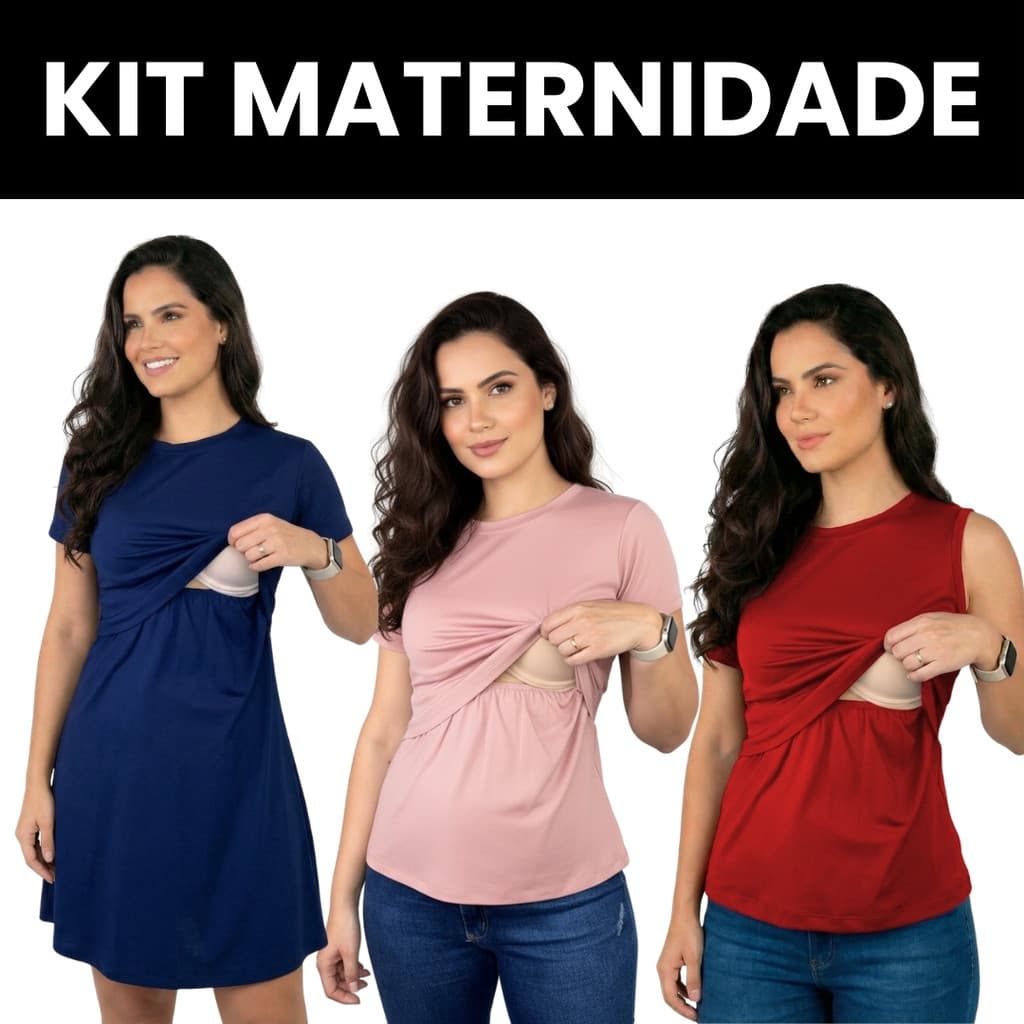 Kit Maternidade 3 Peças Amamentação Gestante Blusa Regata Vestido Abertura Frontal Pós Parto Roupa Confortável