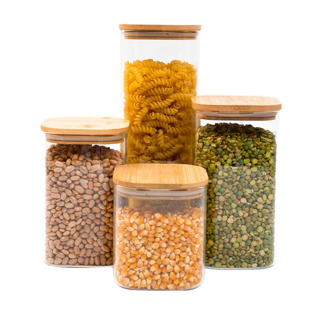 Kit 4 potes de vidro tampa de bambu herméticos quadrados - Tüd