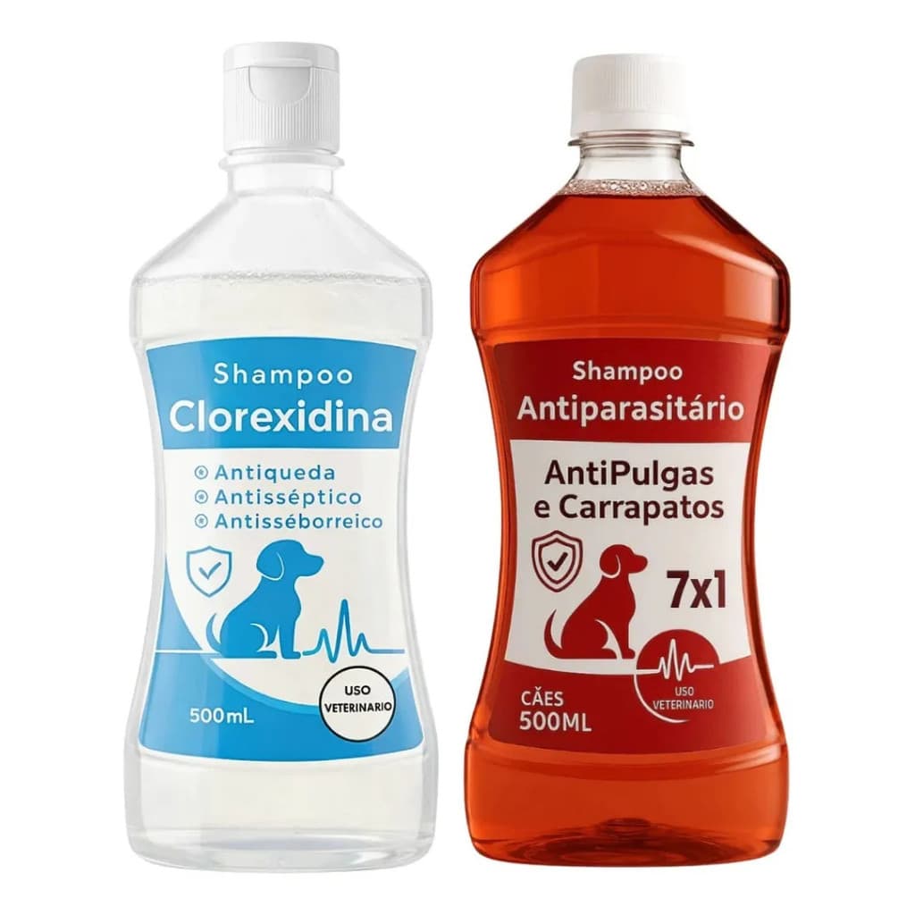 Kit 2 Shampoos Pet Antipulgas 7x1 + Clorexidina Pet Side Cães e Gatos 500ml