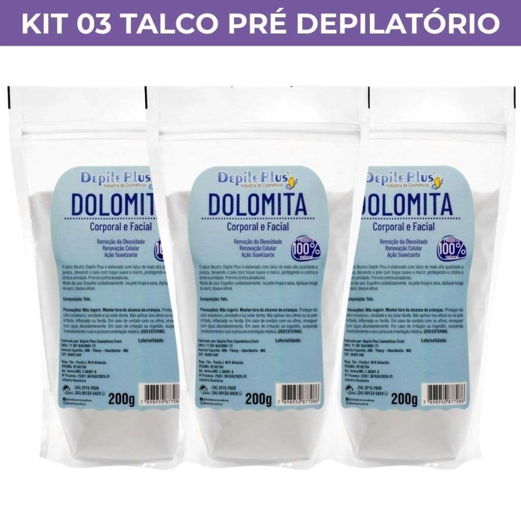 Kit 03 Talco Neutro Pré Depilatório 100% Natural Pó De Dolomita Depile Plus 200g Corporal e Facial