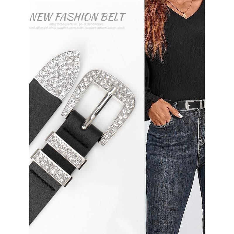 Cinto feminino europeu americano cravejado de diamantes quente menina preto strass liga cinto feminino preto All-Match J