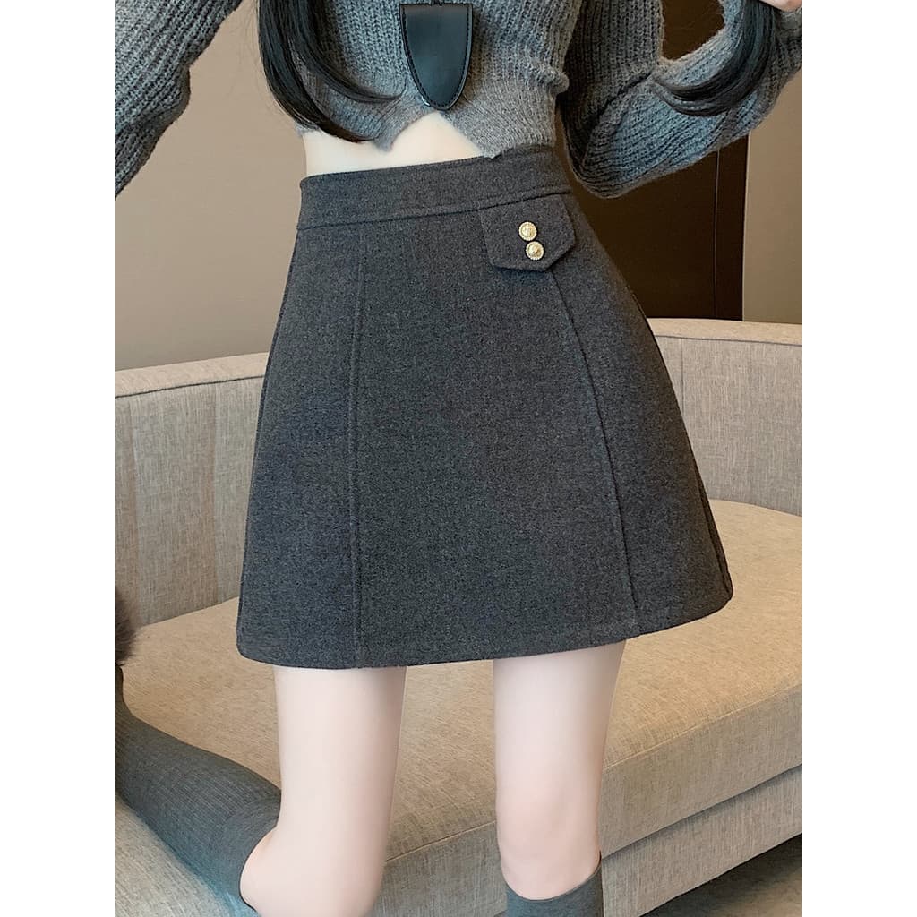 Cinza a linha Hip-embalado saia feminina outono inverno novo estilo pequena saia de lã terno saia estilo curto com botas