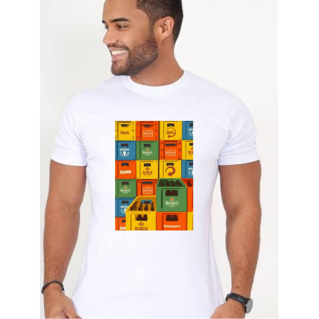 Camiseta Estampa Engradados Retrô - Estilo Pop Art Colorida Beer Crates Masculina