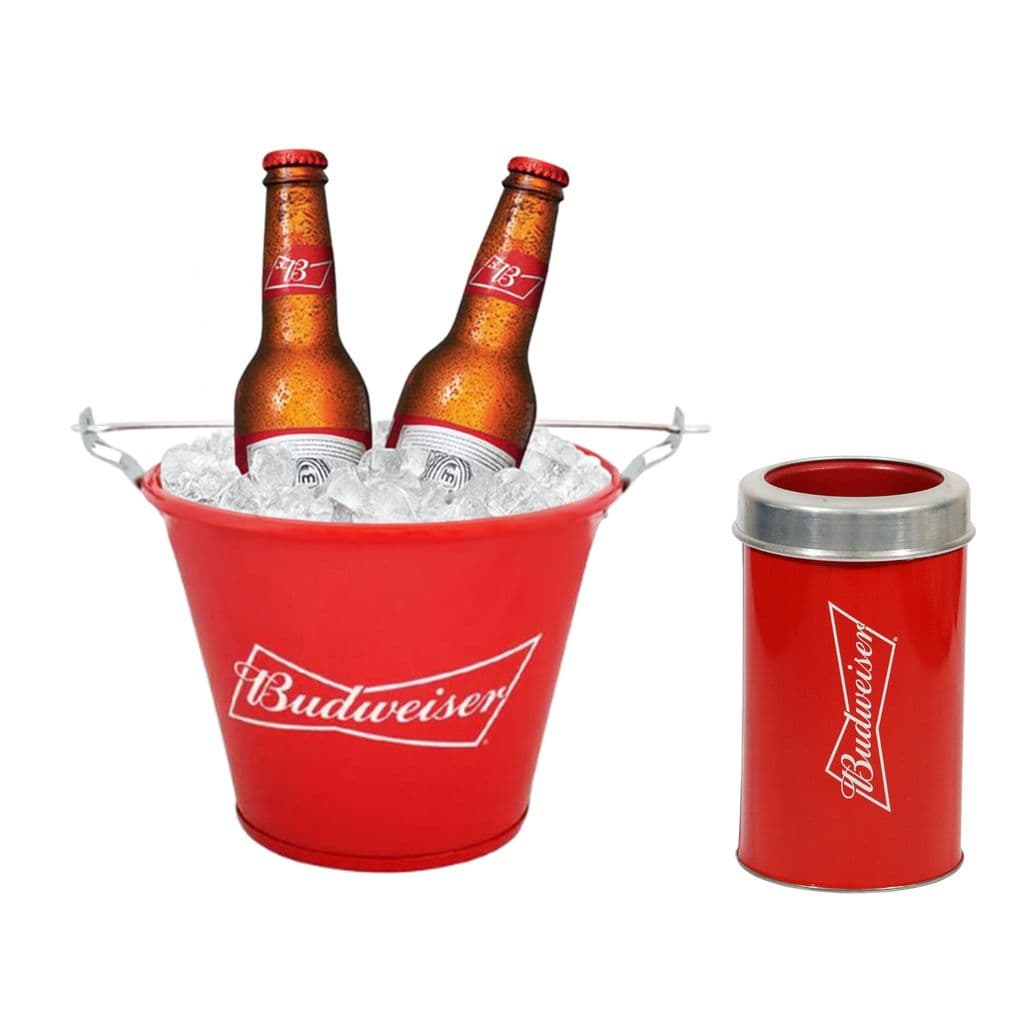 Kit Balde De Gelo + Cervegela Budweiser Em Alumínio Porta Garrafa Cerveja