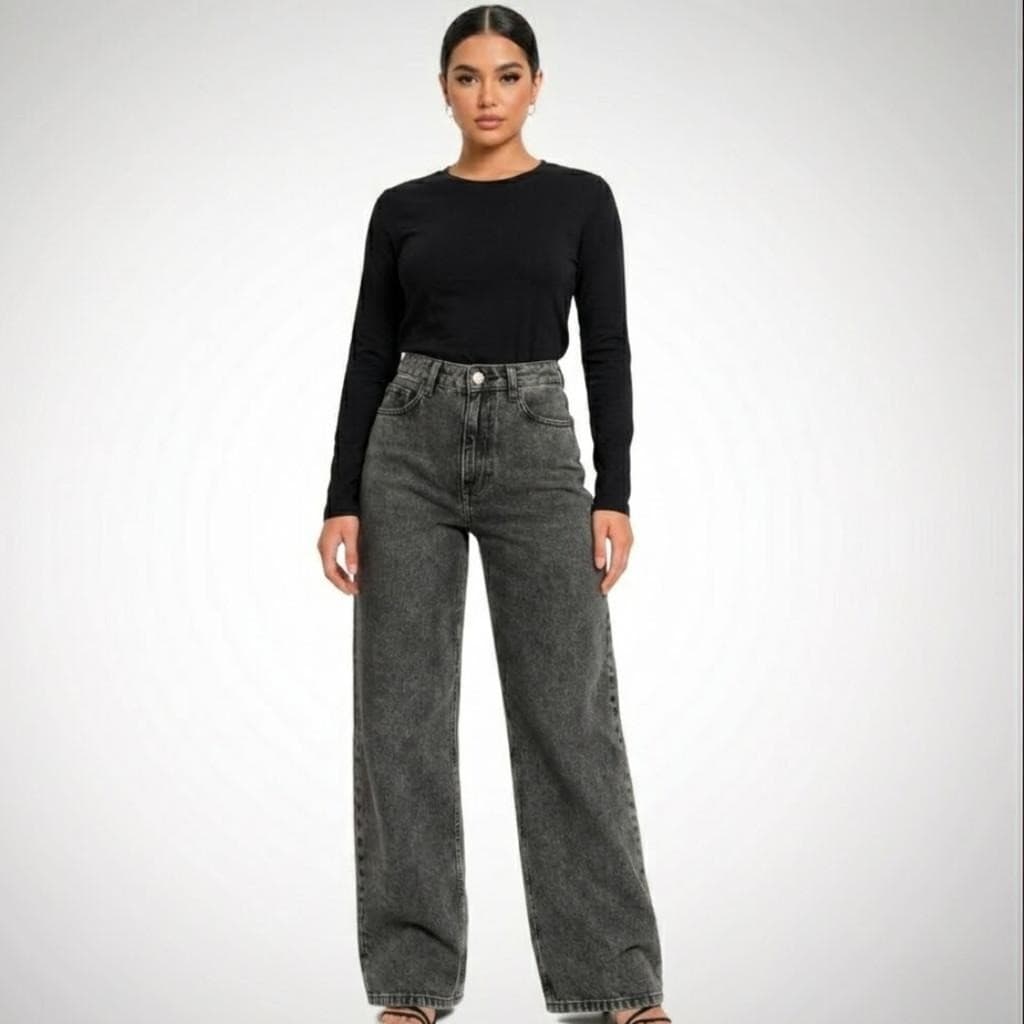 Calça Wide Leg Grafite  Jeans Feminina – Cintura Alta, Estilo Basico