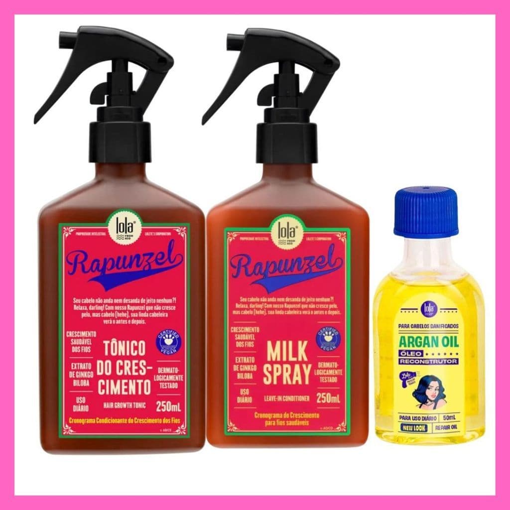Kit Lola Crescimento Capilar Rapunzel + Óleo de Argan + Milk Spray Hidratação
