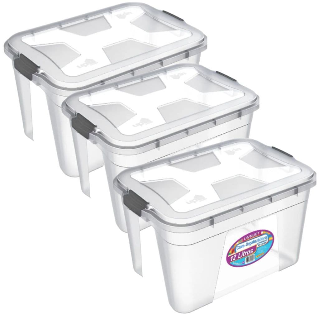 Kit 3 Caixa Organizadora Multiuso 12L Transparente com Travas Caixa Plástica Empilhável Closet Armário Roupas Brinquedos