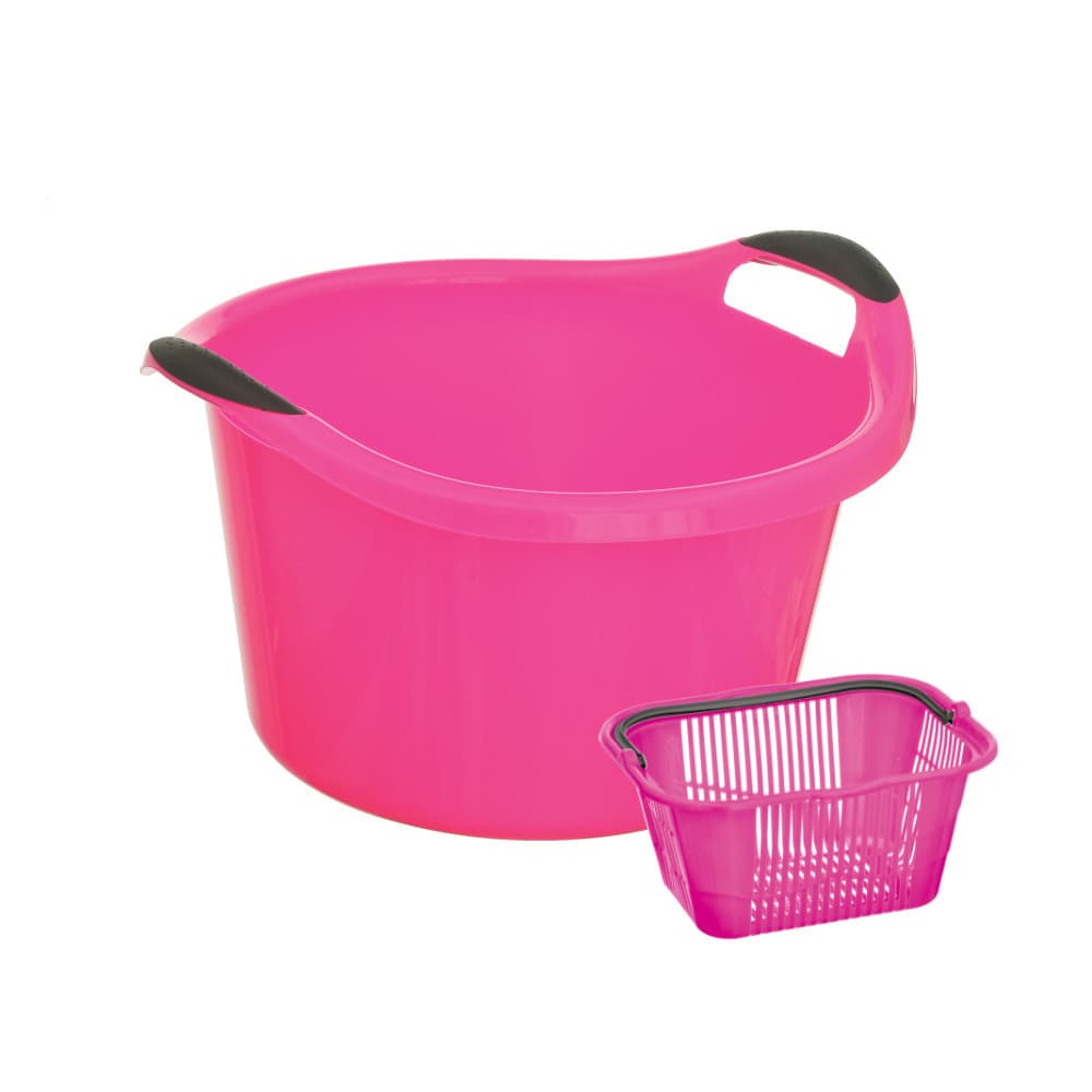 KIT LAVANDERIA 2 PEÇAS – BACIA + CESTO PARA PRENDEDORES ROSA NEON