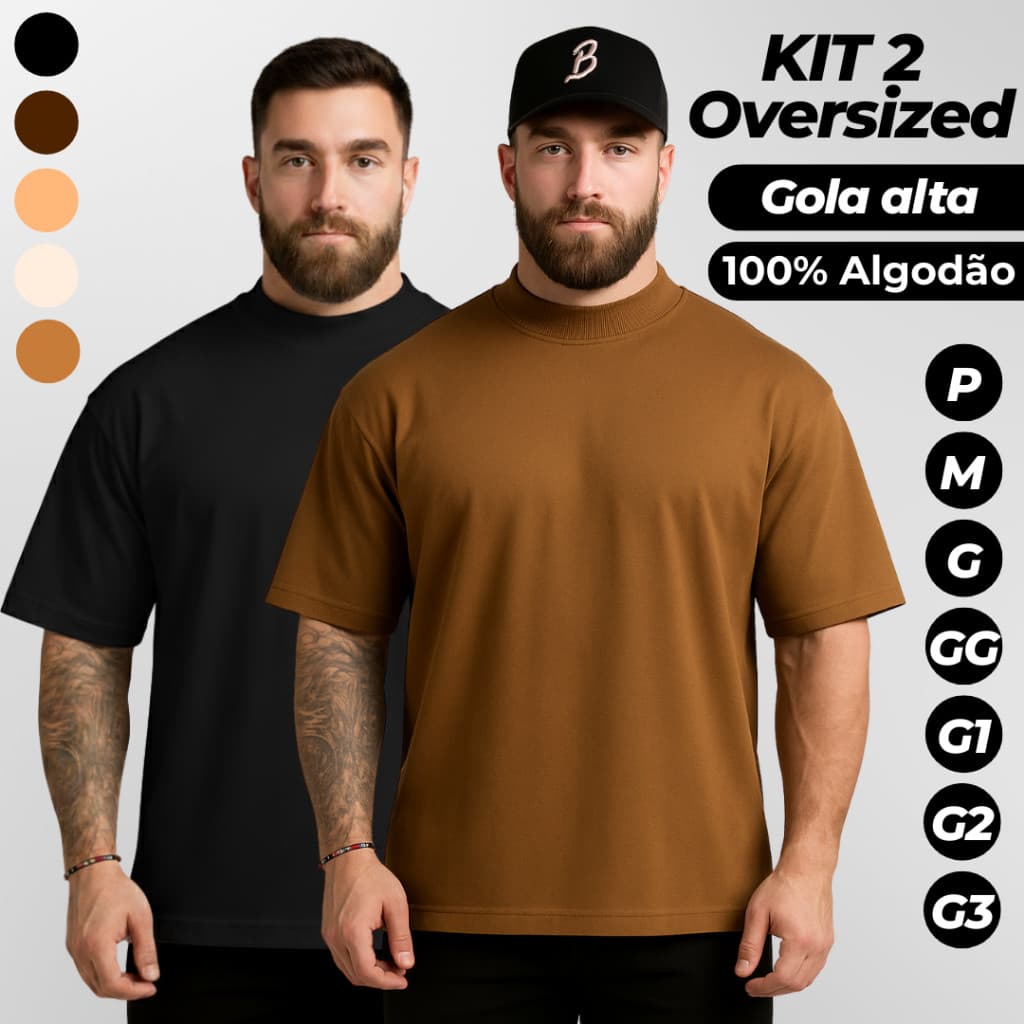 Kit 2 Camiseta Oversized Streetwear Masculina Gola Alta