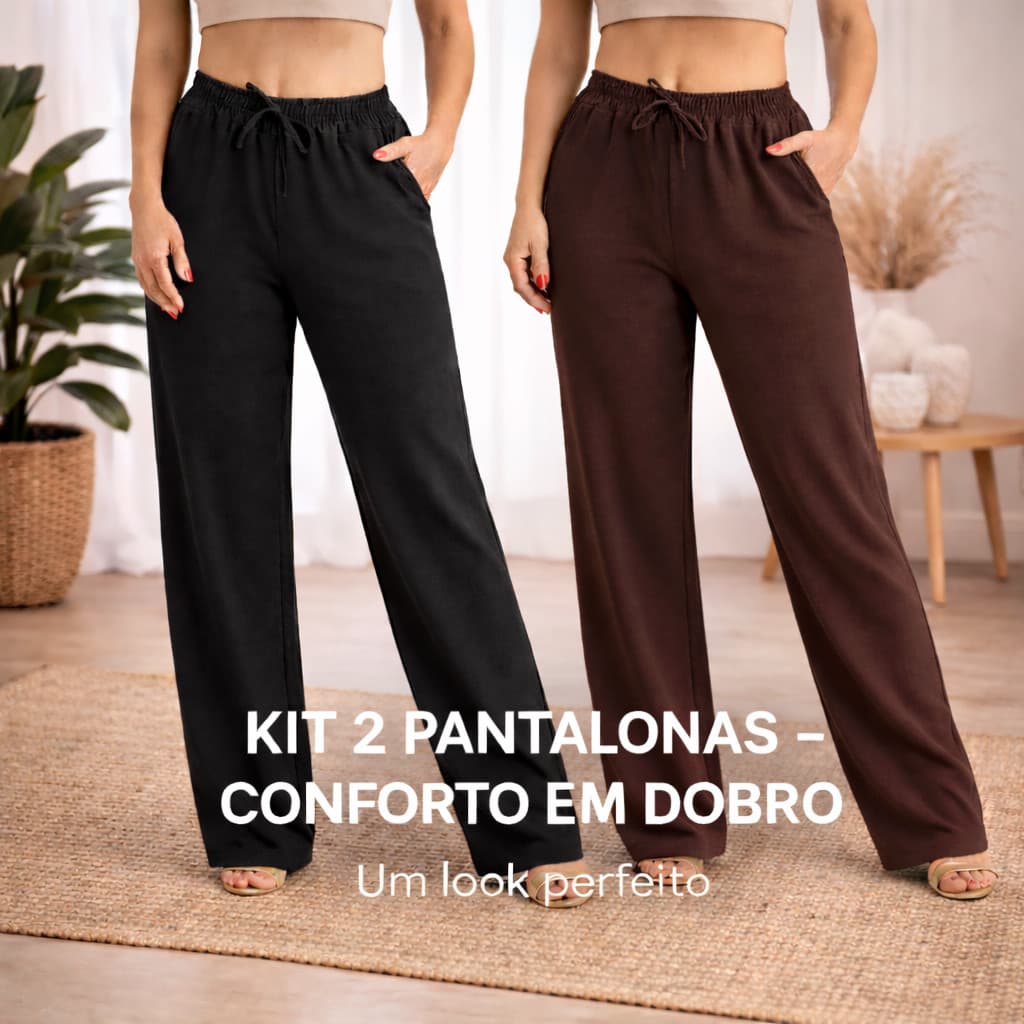 Kit 2 Calças Femininas Pantalona Lisa – Cintura Alta com Elástico e Cordão, Tecido Leve e Confortável