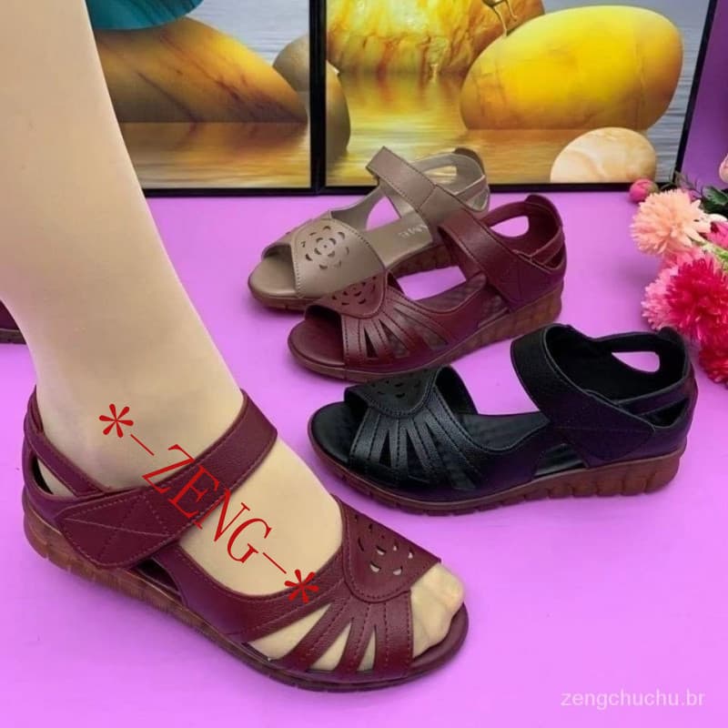 Sandálias Femininas Liso Pu Couro Sola Confortável Verão Casual Sapatos Mães Cor Sólida Plus Size
