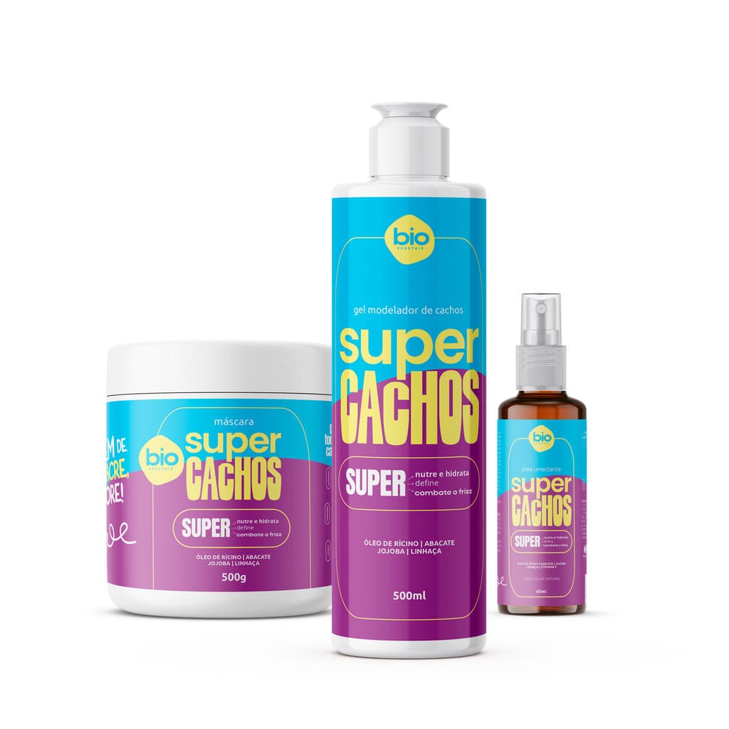 Gel Modelador de Cachos 500ml Super Cachos + Máscara Super Cachos 500g + Óleo Super Cachos 60ml - Biovegetais