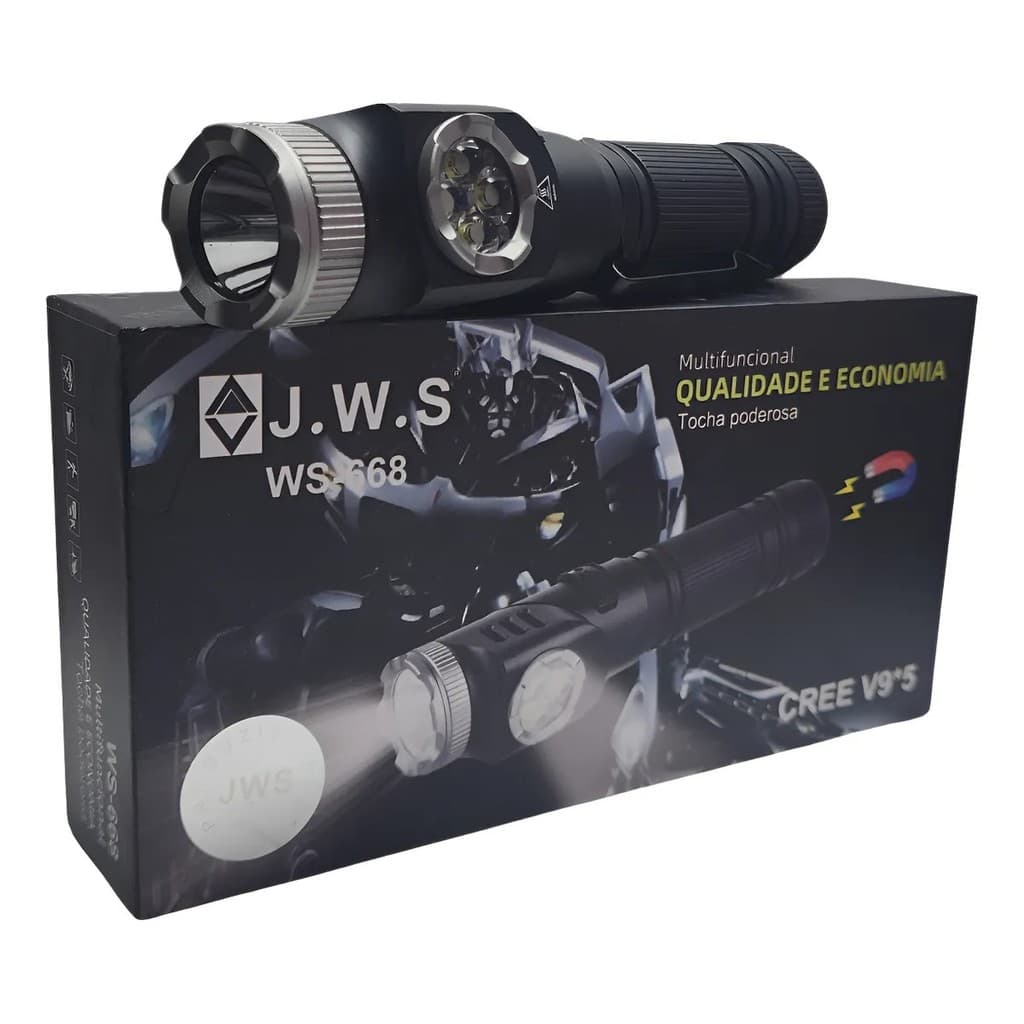 Lanterna Militar Policial LED V9 T12 Ângulo 90° Base Imã Recarregável Alta Potência Zoom Ajustável Longo Alcance ws-668