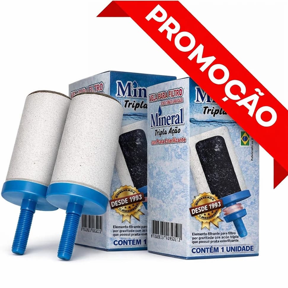 Kit 2 Velas Tripla Ação Universal Filtro de Barro com Prata Coloidal, carvão aditivado e Microfibra