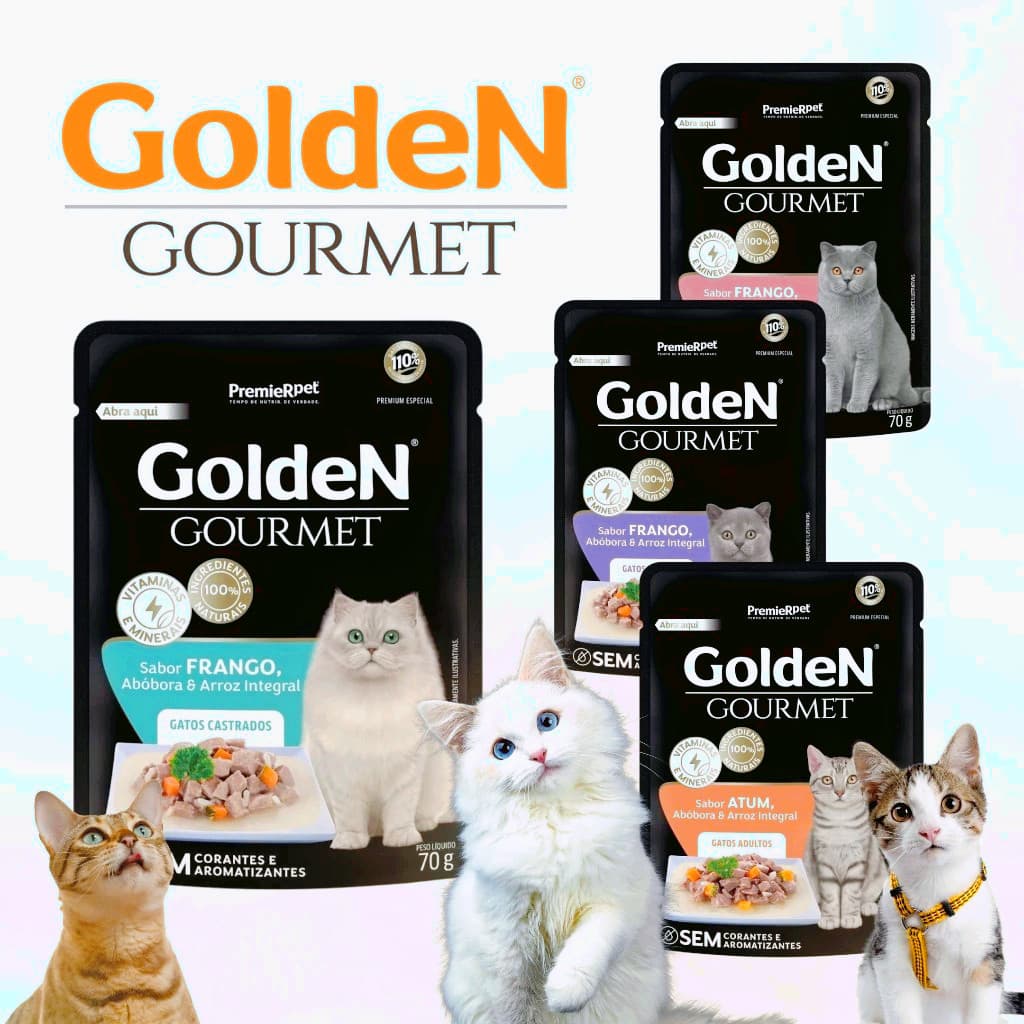 Kit1 com 10/15/20 uniddades de. Sachê Golden Gourmet Ração Úmida Gatos Castrados, Adultos e Filhotes - PROMO