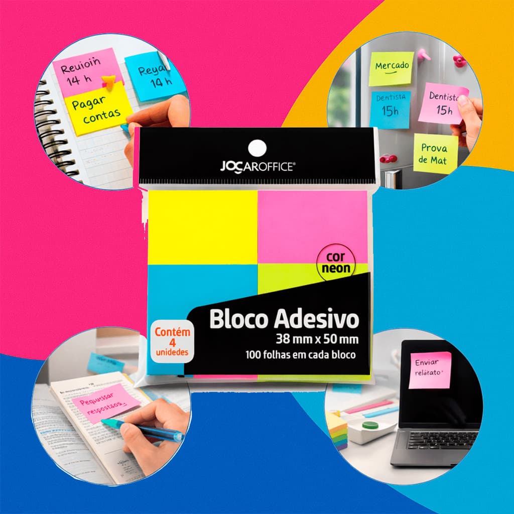 Kit 16 a 48 Bloco Adesivo Neon 38x50mm Colorido Material Escolar para Anotações