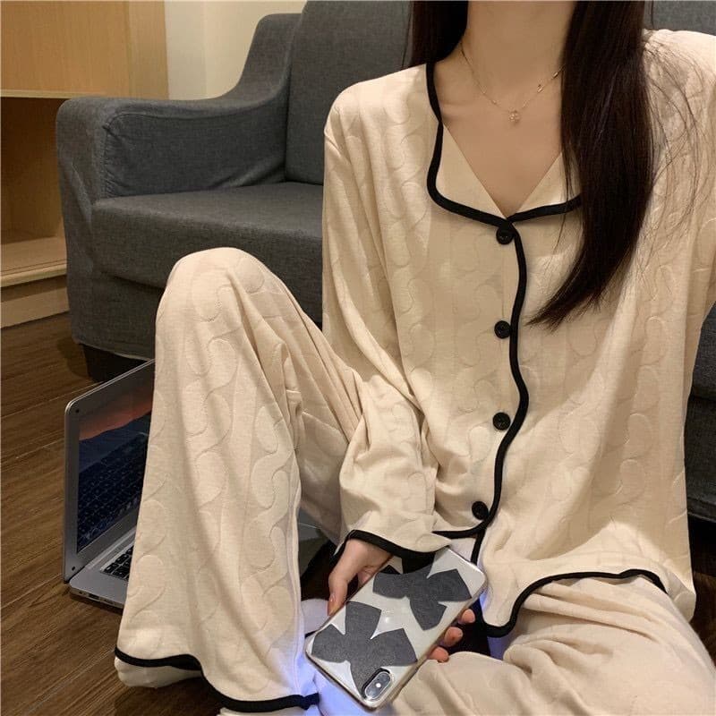 Pijamas femininos primavera outono manga comprida lapela fina par lapela borda ondulada estudante High-End terno de serv