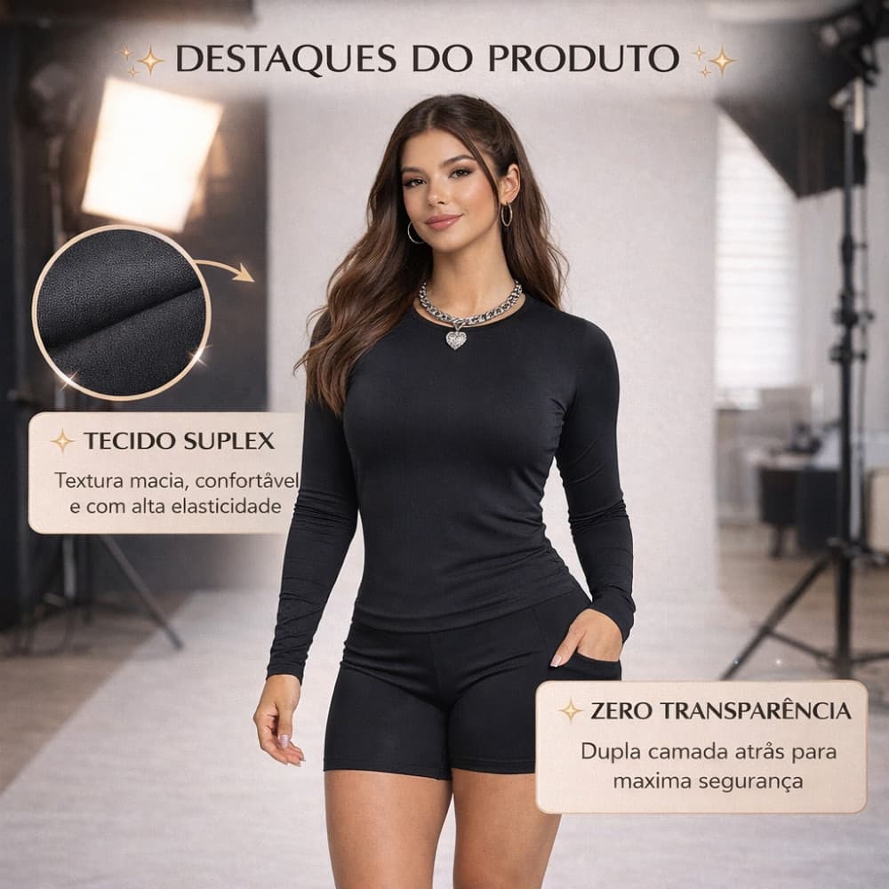 Conjunto Fitness Feminino Suplex Academia  Manga Longa + Short  Zero Transparência Pra Dia a Dia