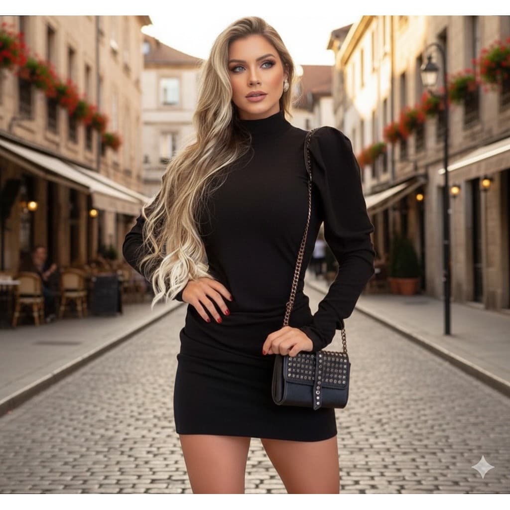 Vestido feminino curto gola alta elastano manga longa bufante top