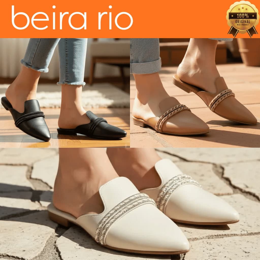 Sapatilha Beira Rio Feminina Mule Bico Fino Tiras Macio Confortável Strass Brilho Original