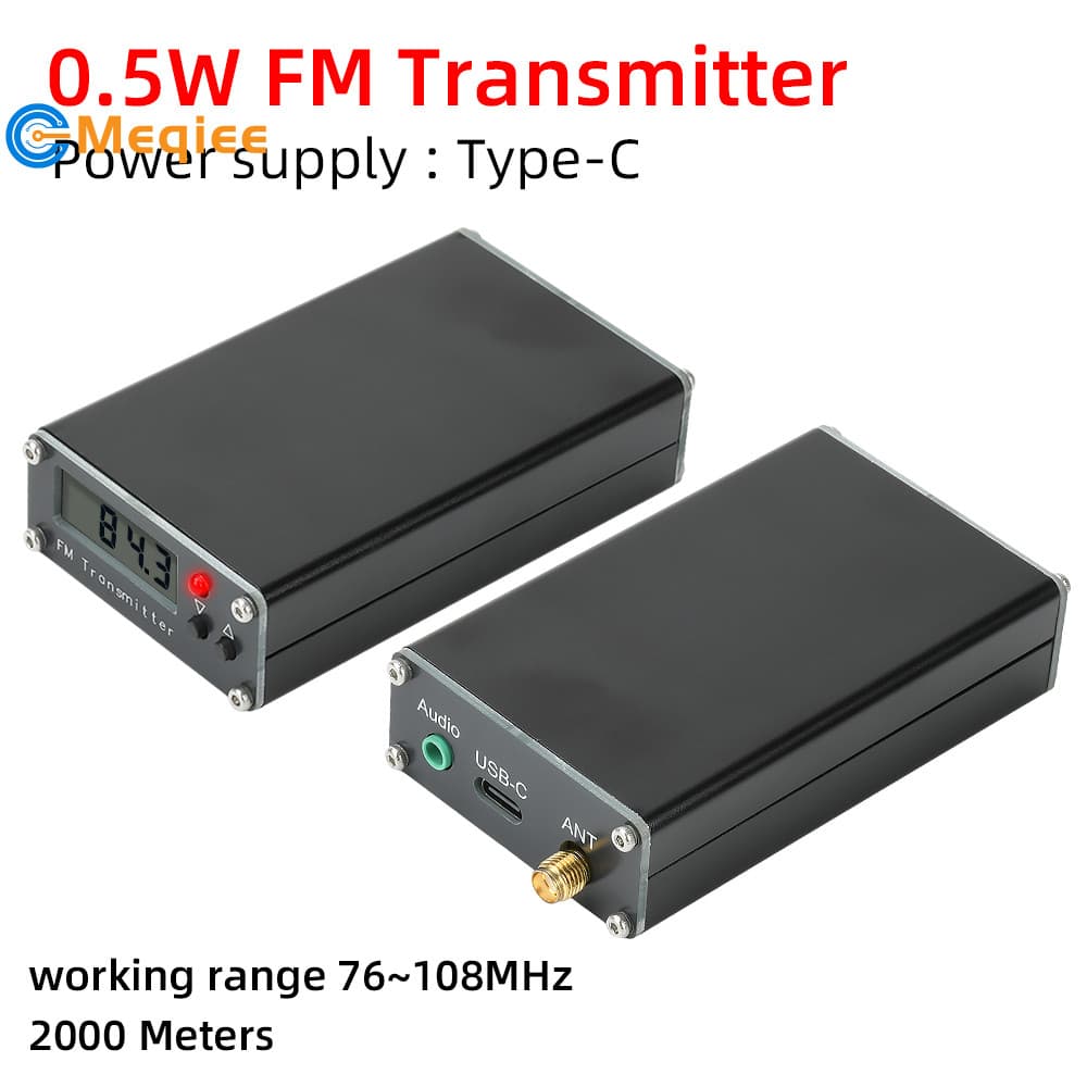 Transmissor FM 2000M 0.5W Display Digital Estéreo 76-108MHz Tipo C Interface