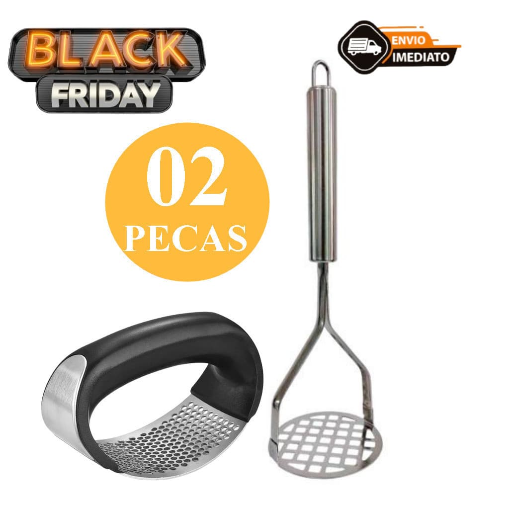 Kit 02 Itens: Amassador Espremedor Triturador Alho E Amassador Batatas Inox Esmagador Manual