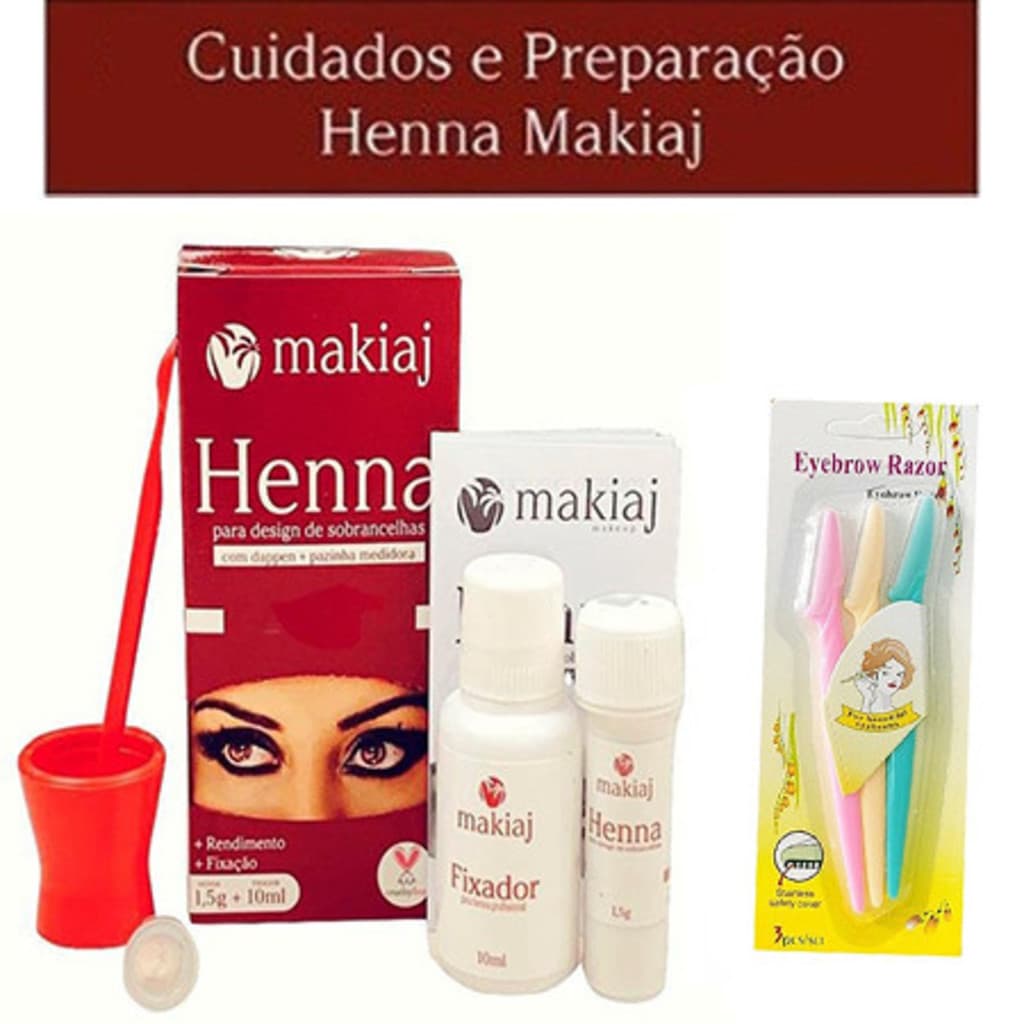 Kit Sobrancelha Henna Profissional 5 Cores + Gel Fixador + 3 Lâminas Navalha / Design e Coloração Express - WL