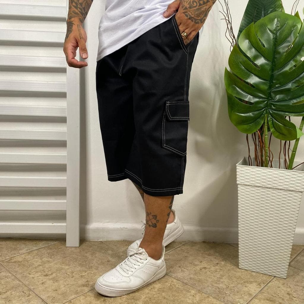 Bermuda Cargo Jeans Preta Streetwear Premium Larga