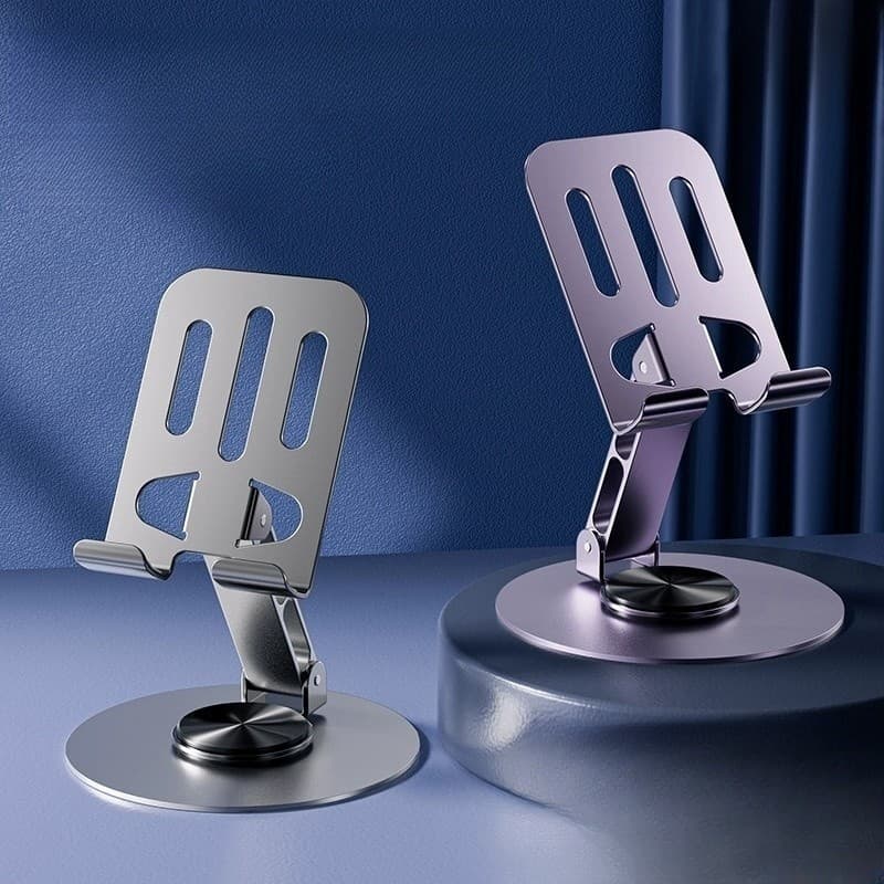 Suporte de mesa em liga de alumínio/plástico com base giratória ajustável em 360°, adequado para smartphones e tablets.