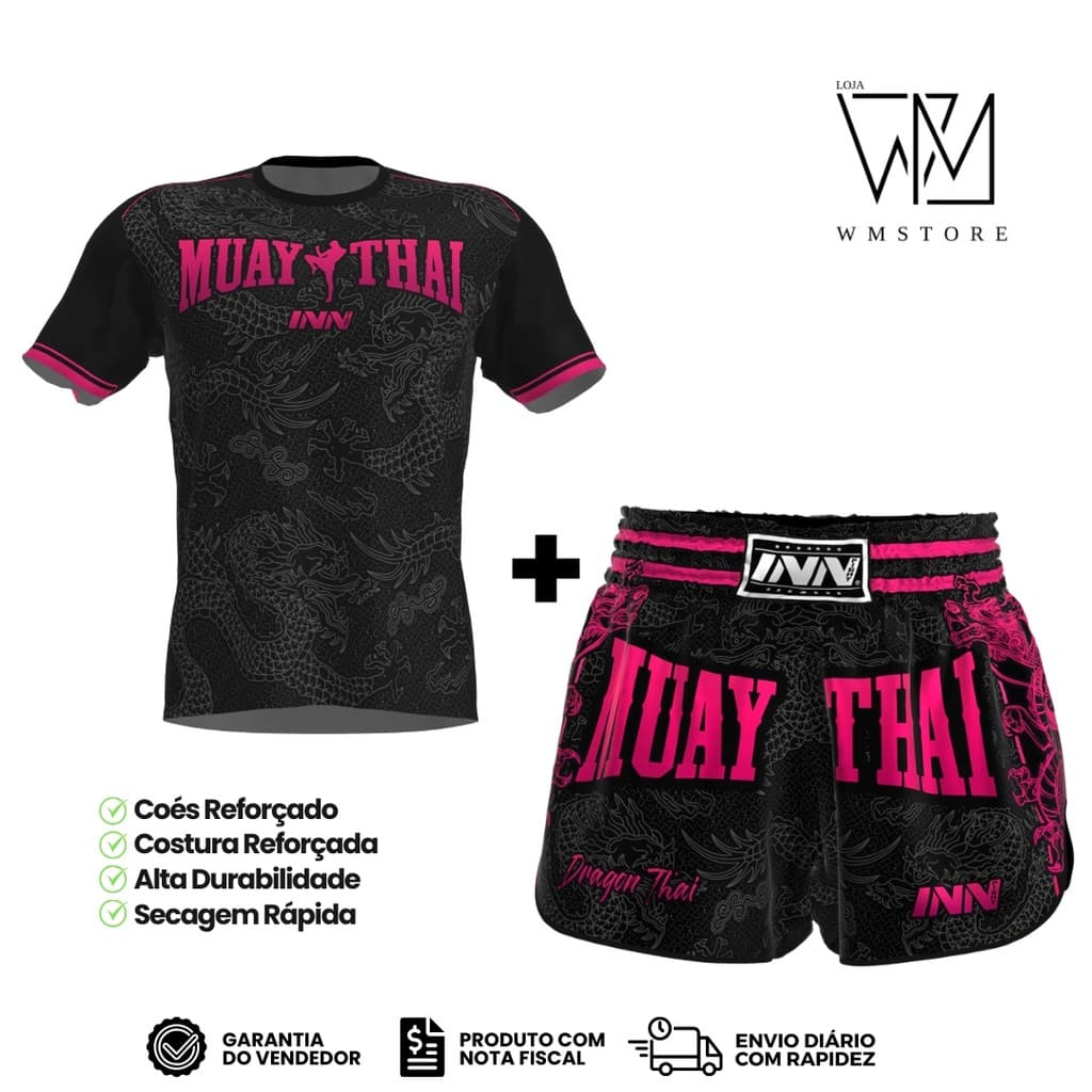 Conjunto Camiseta e Short Muay Thai Unissex Dragon Thai Rosa