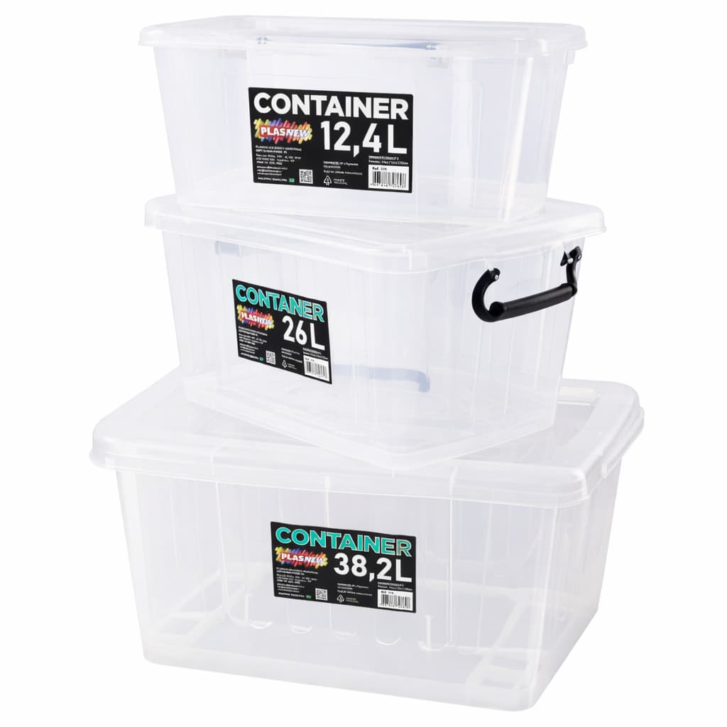 Caixa Organizadora Transparente Empilhável 12,4L 26L 38,2L Container Plástico Multiuso com Tampa